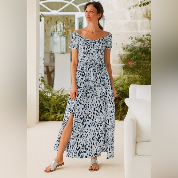 NWT Soft Surroundings Marcelo Blue Leopard Print Smocked Maxi Dress Size Medium - Picture 5 of 7